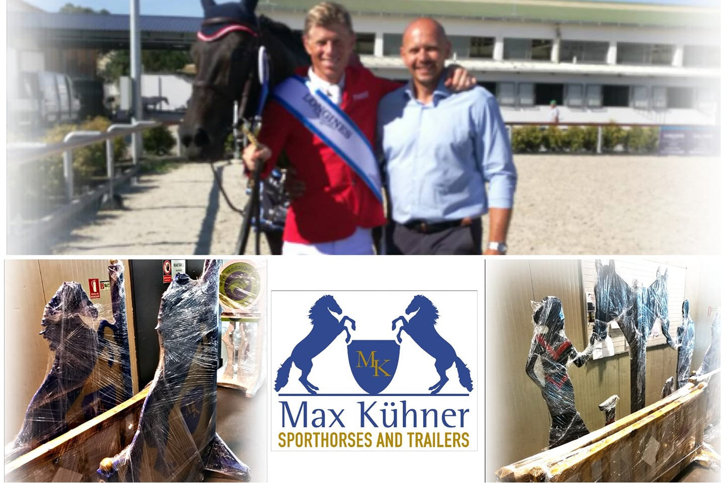 Collage of images featuring two men with a horse, Max Kähner logo, and horse equipment.